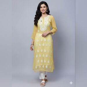 New Handmade Chikankari Kurti With Matching Inner- yellow Georgette kurti